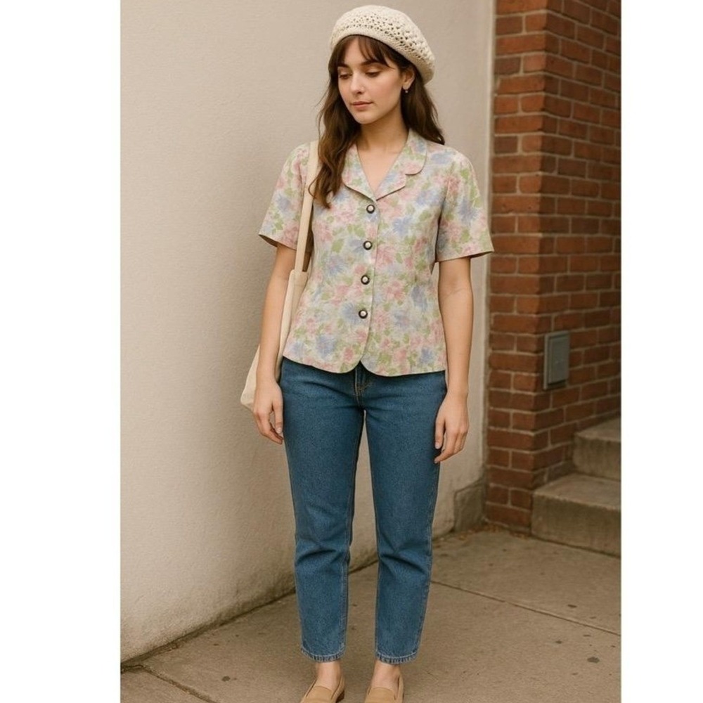 Y2k Vintage Blouse Womens 12 Leslie Fay Floral Linen Blend Cottagecore Pearl